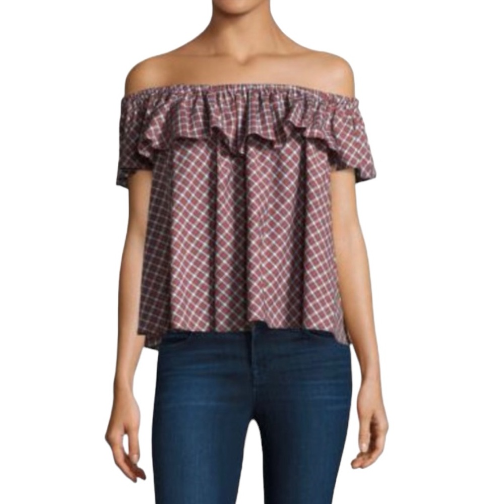 NWT Petersyn “Roxie” Open Ruffle Off The Shoulders Cotton Top Plaid Print